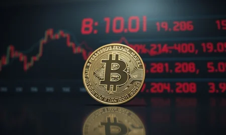 A cracked Bitcoin coin on a reflective surface with a blurred red stock market ticker in the background.