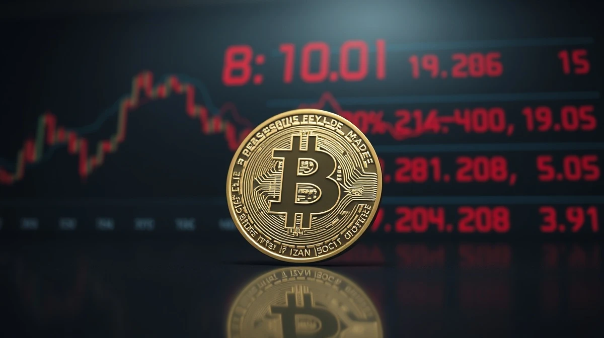 A cracked Bitcoin coin on a reflective surface with a blurred red stock market ticker in the background.