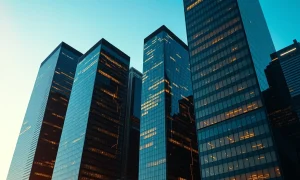 Modern city skyline at dusk with digital data streams and blockchain network patterns on buildings