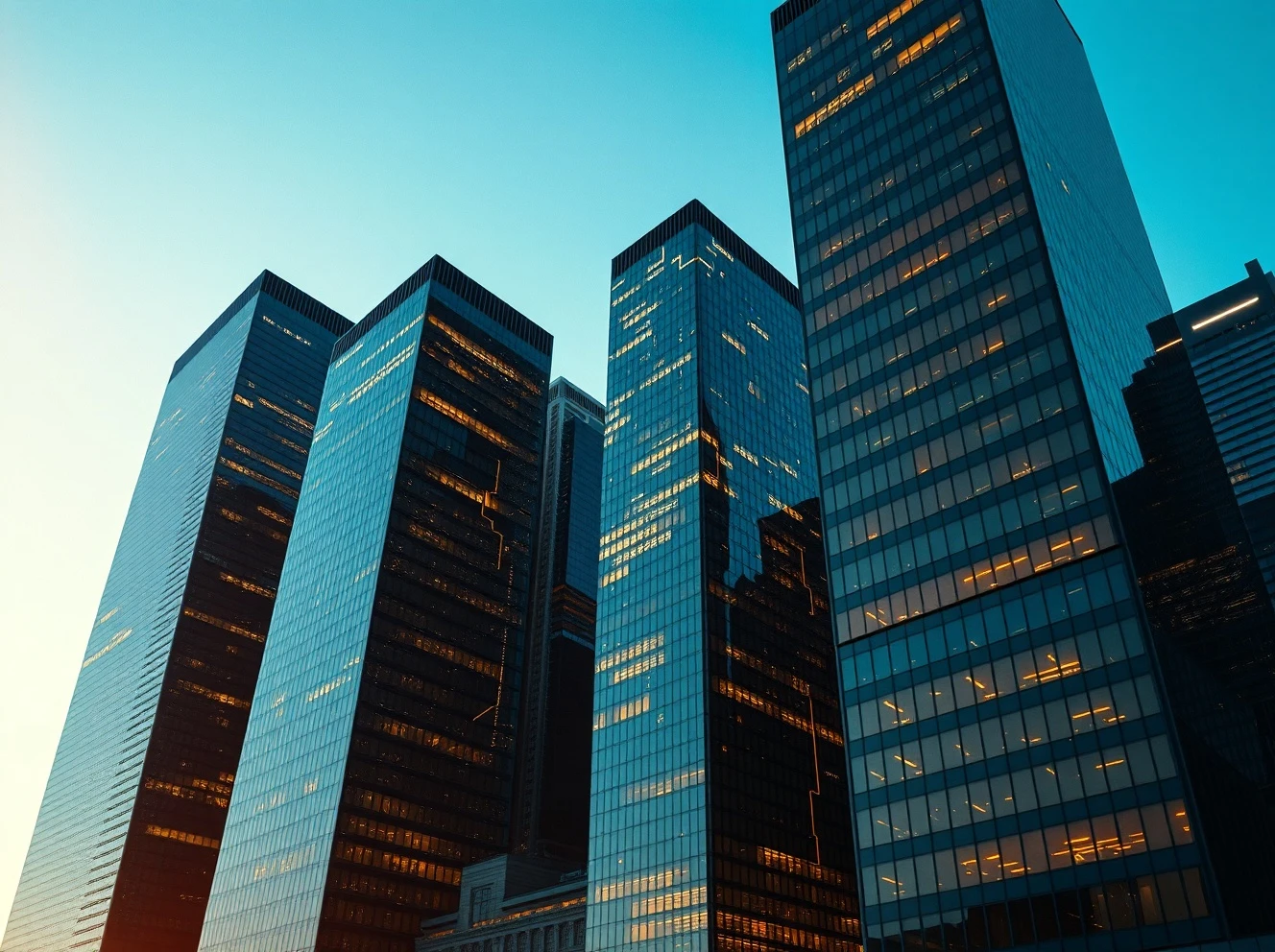 Modern city skyline at dusk with digital data streams and blockchain network patterns on buildings