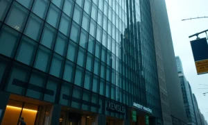 Exterior of a modern glass office building, representing the headquarters of a financial firm under federal investigation.