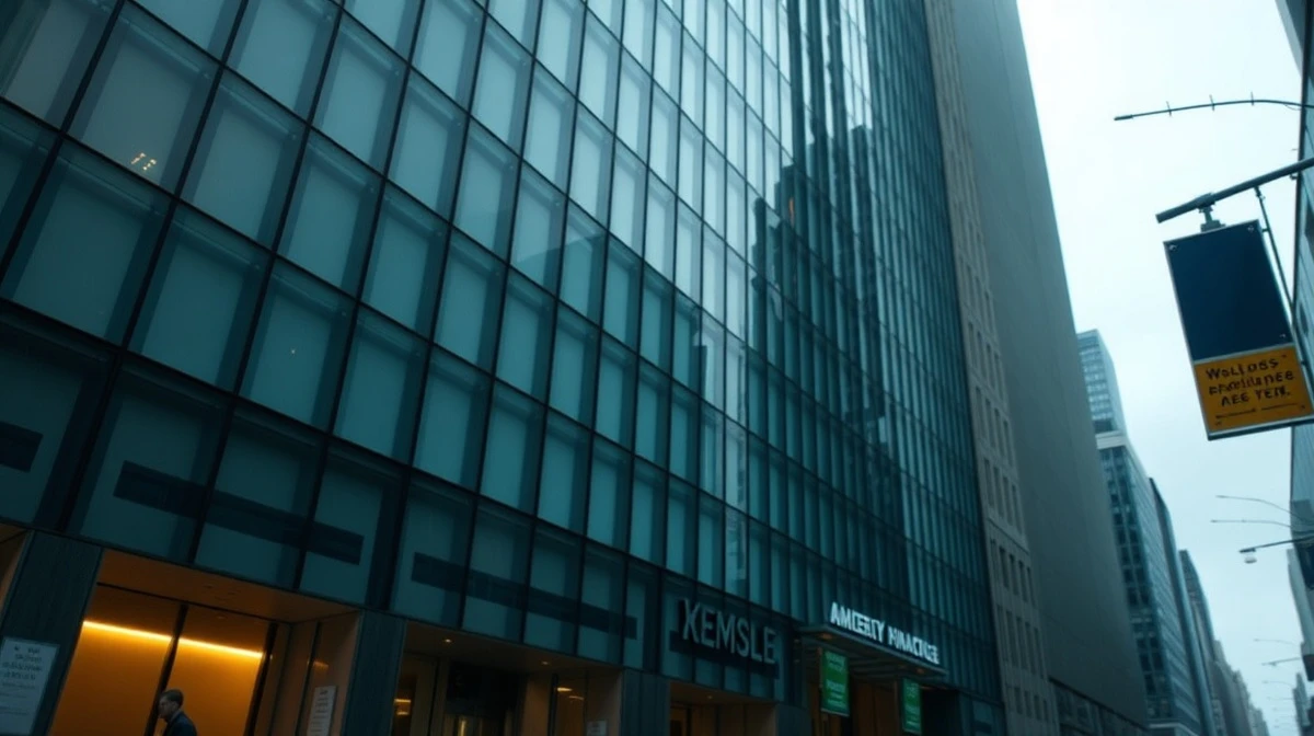Exterior of a modern glass office building, representing the headquarters of a financial firm under federal investigation.
