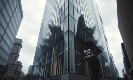 Blue Owl Capital office building with subdued lighting and a lone figure walking away, reflecting fundraising decline.
