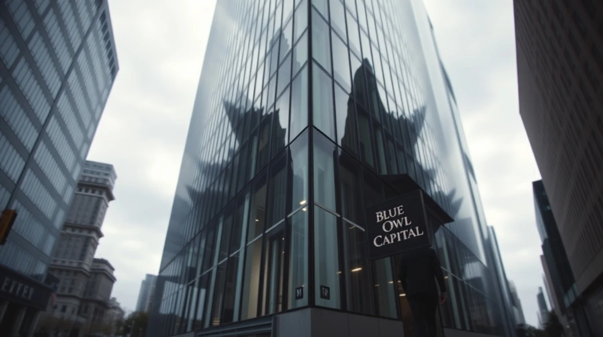 Blue Owl Capital office building with subdued lighting and a lone figure walking away, reflecting fundraising decline.