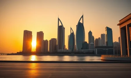 Abu Dhabi skyline at sunset with modern financial district buildings reflecting in calm water