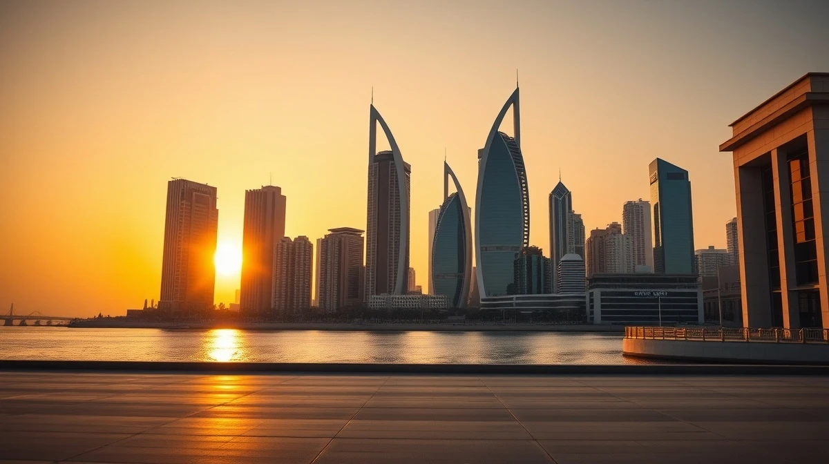 Abu Dhabi skyline at sunset with modern financial district buildings reflecting in calm water
