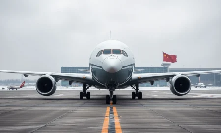 Boeing 787 Dreamliner on tarmac at Beijing airport with Chinese flag in background