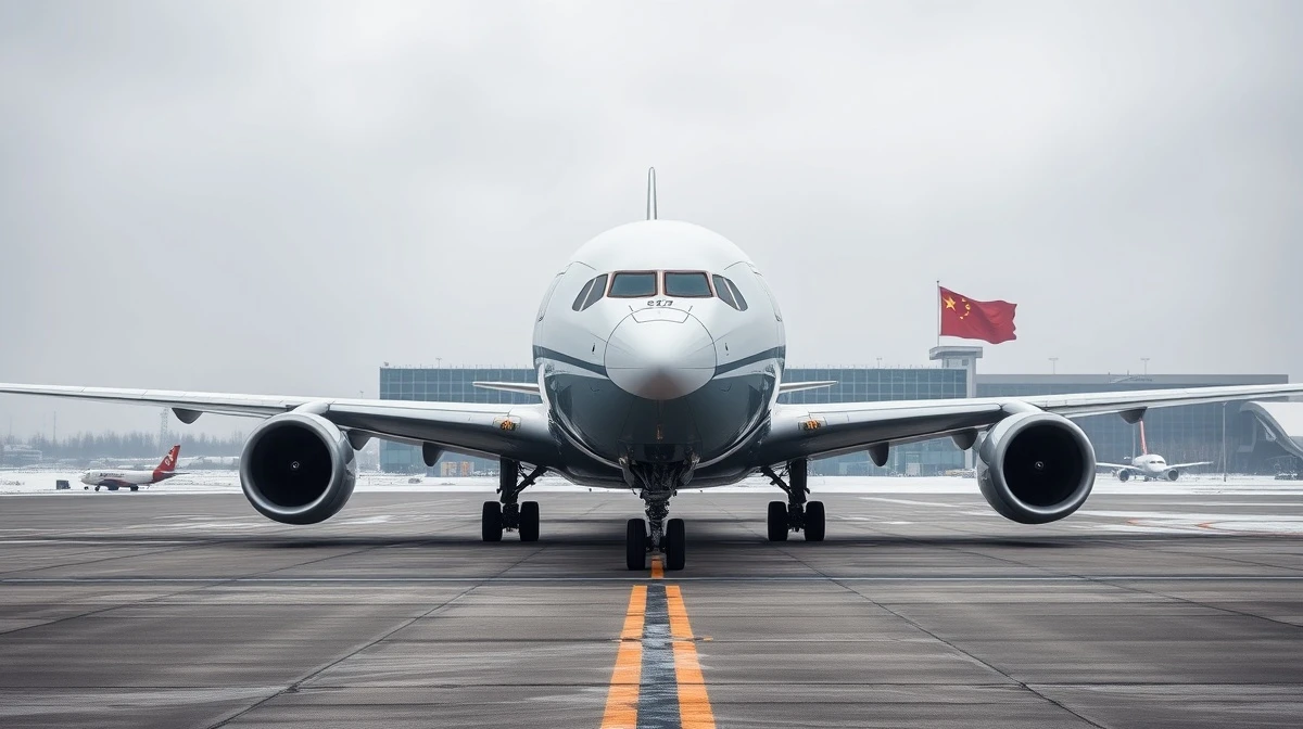 Boeing 787 Dreamliner on tarmac at Beijing airport with Chinese flag in background
