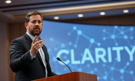 Ripple CEO Brad Garlinghouse speaking at a press conference about the CLARITY Act