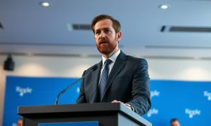 Ripple CEO Brad Garlinghouse speaking at a press event about XRP and blockchain regulation.