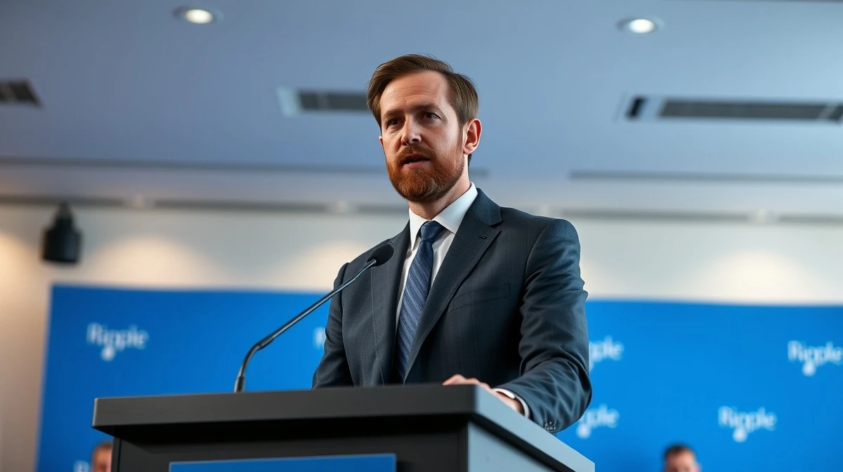 Ripple CEO Brad Garlinghouse speaking at a press event about XRP and blockchain regulation.