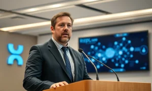 Brad Garlinghouse speaking at a Ripple press event, addressing XRP holders and company success