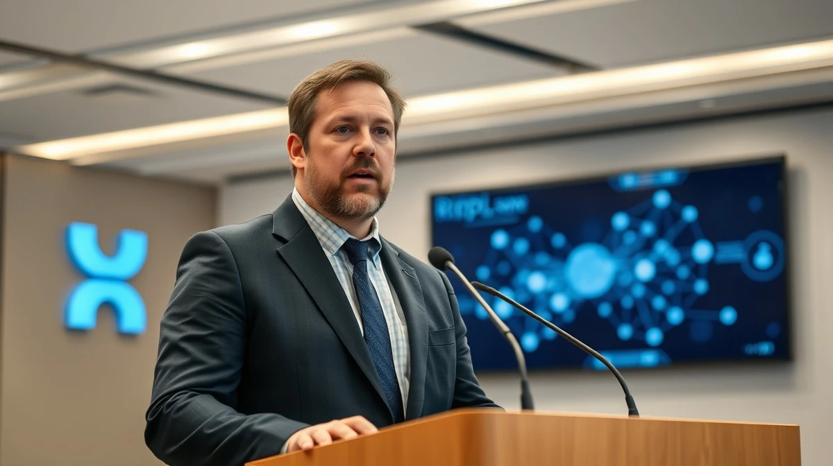 Brad Garlinghouse speaking at a Ripple press event, addressing XRP holders and company success