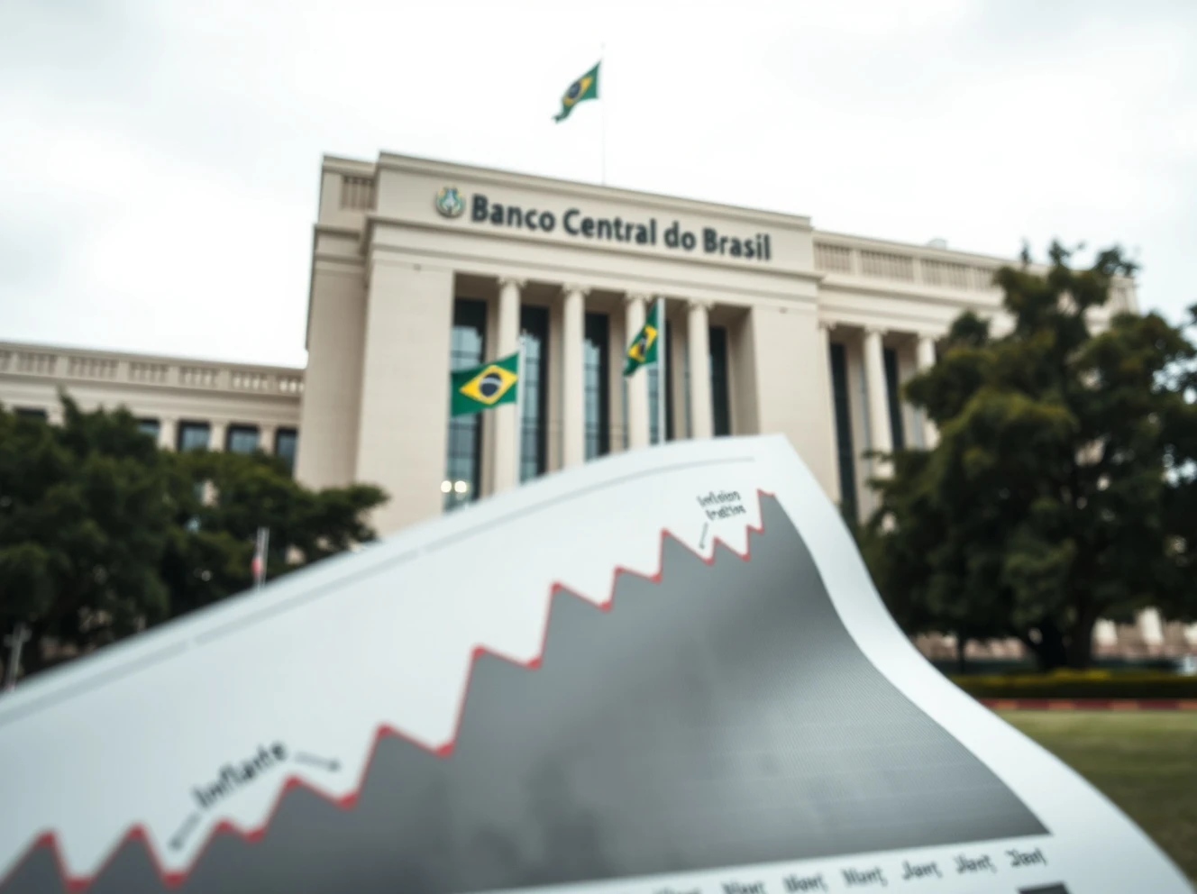 Banco Central do Brasil headquarters in Brasília, with economic data suggesting rising inflation.