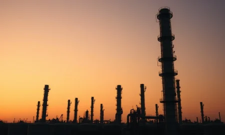 Oil refinery distillation towers at dusk, representing Brent crude supply uncertainty after Iran conflict.