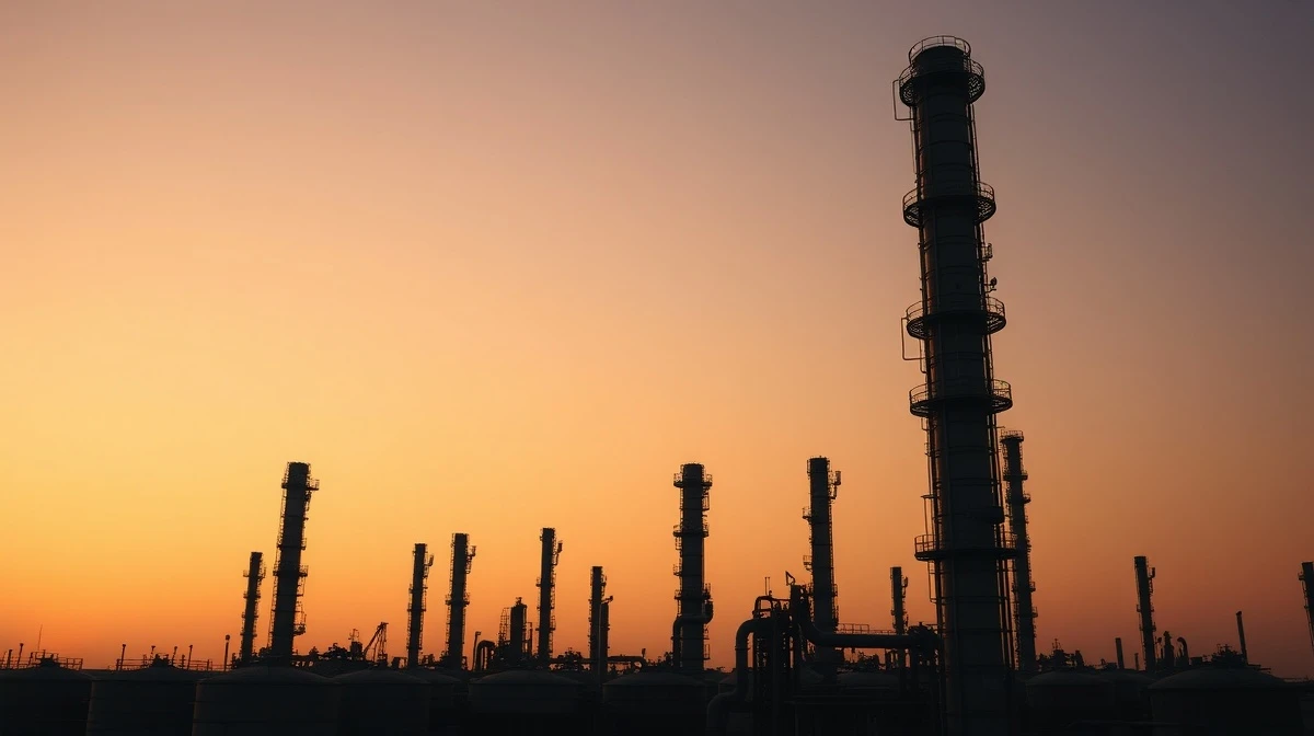 Oil refinery distillation towers at dusk, representing Brent crude supply uncertainty after Iran conflict.