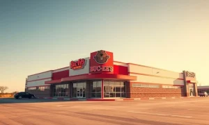 New Buc-ee's travel center building in an open landscape under a bright sky.