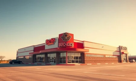 New Buc-ee's travel center building in an open landscape under a bright sky.