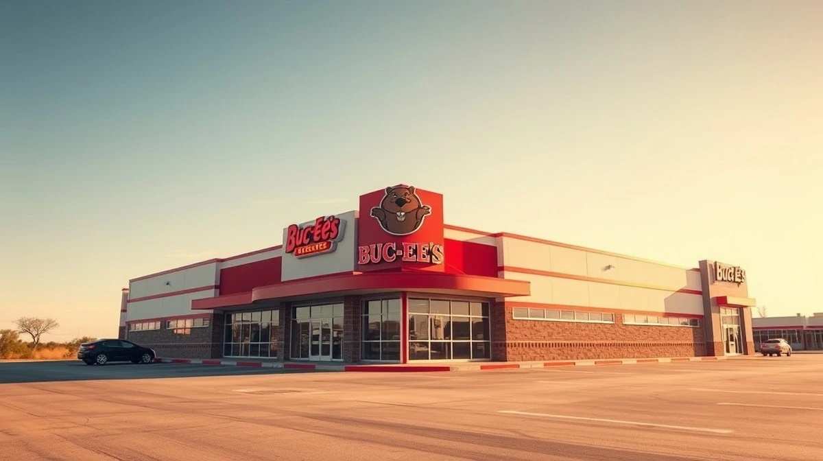 New Buc-ee's travel center building in an open landscape under a bright sky.