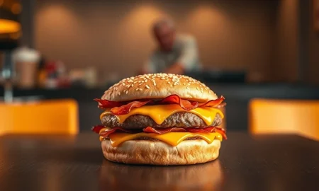 A Cheddar Bacon Whopper burger on a restaurant table, showing melted cheese and bacon.