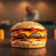 A Cheddar Bacon Whopper burger on a restaurant table, showing melted cheese and bacon.