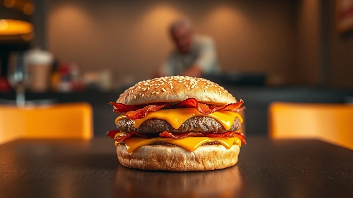 A Cheddar Bacon Whopper burger on a restaurant table, showing melted cheese and bacon.