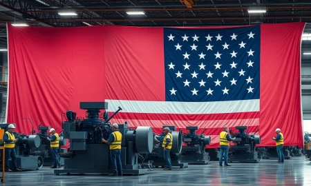 American flag draped over industrial machinery in a busy factory with workers operating equipment