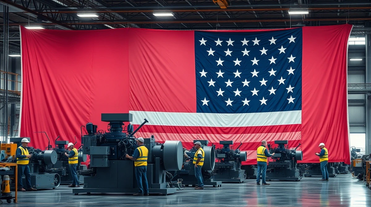 American flag draped over industrial machinery in a busy factory with workers operating equipment