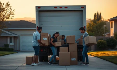 Family packing moving truck in front of California home with capitol building in background