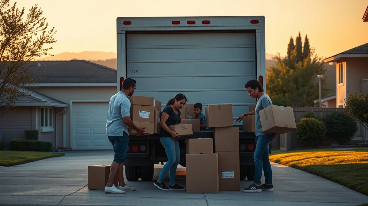 Family packing moving truck in front of California home with capitol building in background