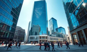 Canary Wharf financial district on a sunny day with workers walking through the plaza