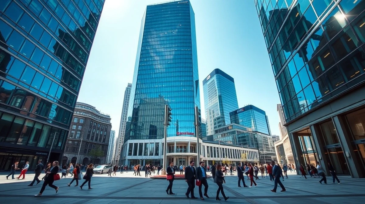 Canary Wharf financial district on a sunny day with workers walking through the plaza