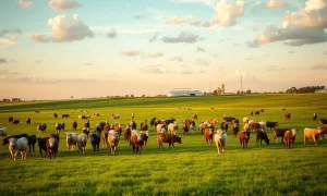 Cattle grazing in a pasture under partly cloudy sky, representing livestock market conditions