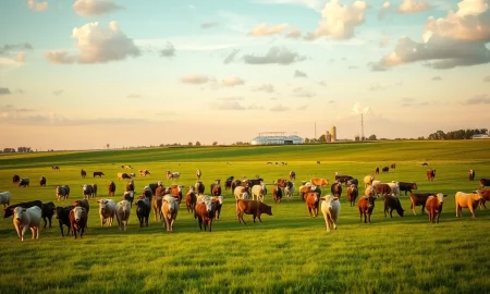 Cattle grazing in a pasture under partly cloudy sky, representing livestock market conditions