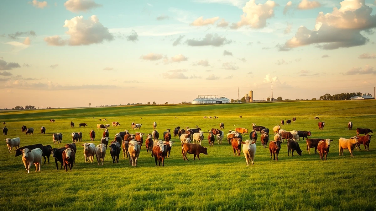 Cattle grazing in a pasture under partly cloudy sky, representing livestock market conditions