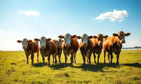 Herd of cattle grazing in a sunlit pasture under a blue sky