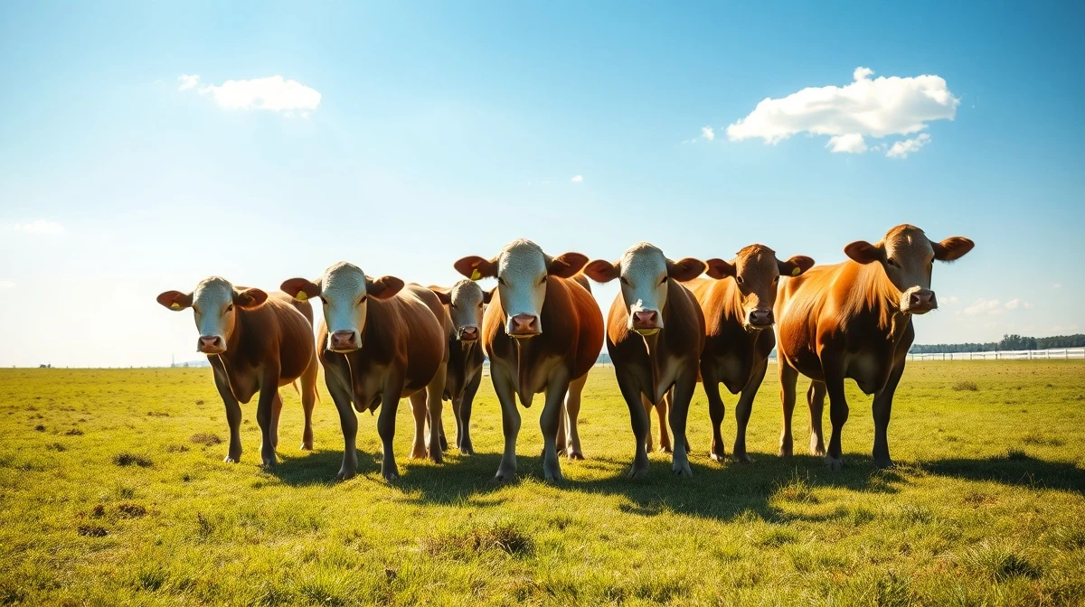 Herd of cattle grazing in a sunlit pasture under a blue sky
