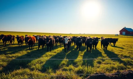 Herd of beef cattle grazing in a pasture under sunny skies