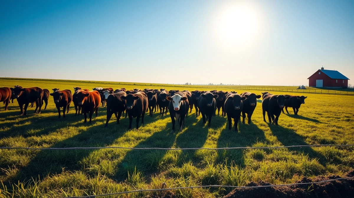 Herd of beef cattle grazing in a pasture under sunny skies