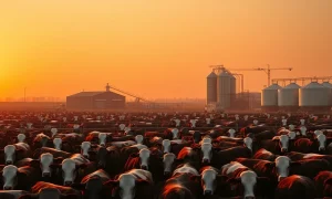 Cattle in a feedlot at sunset, representing the livestock futures market rally on May 6, 2026.