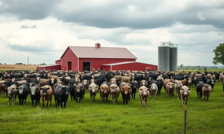 Herd of cattle grazing in a green pasture under overcast sky with a barn in the background.