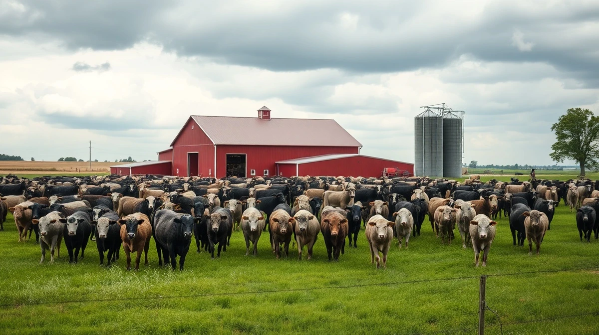 Herd of cattle grazing in a green pasture under overcast sky with a barn in the background.
