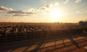 Cattle in a feedlot under a partly cloudy sky, representing the livestock market