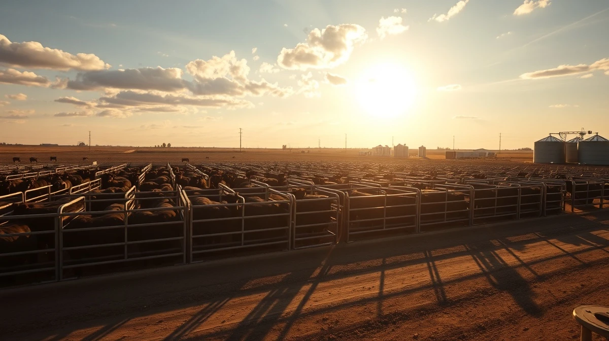 Cattle in a feedlot under a partly cloudy sky, representing the livestock market