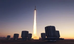 Futuristic missile defense system with interceptor launching at dusk in desert landscape.