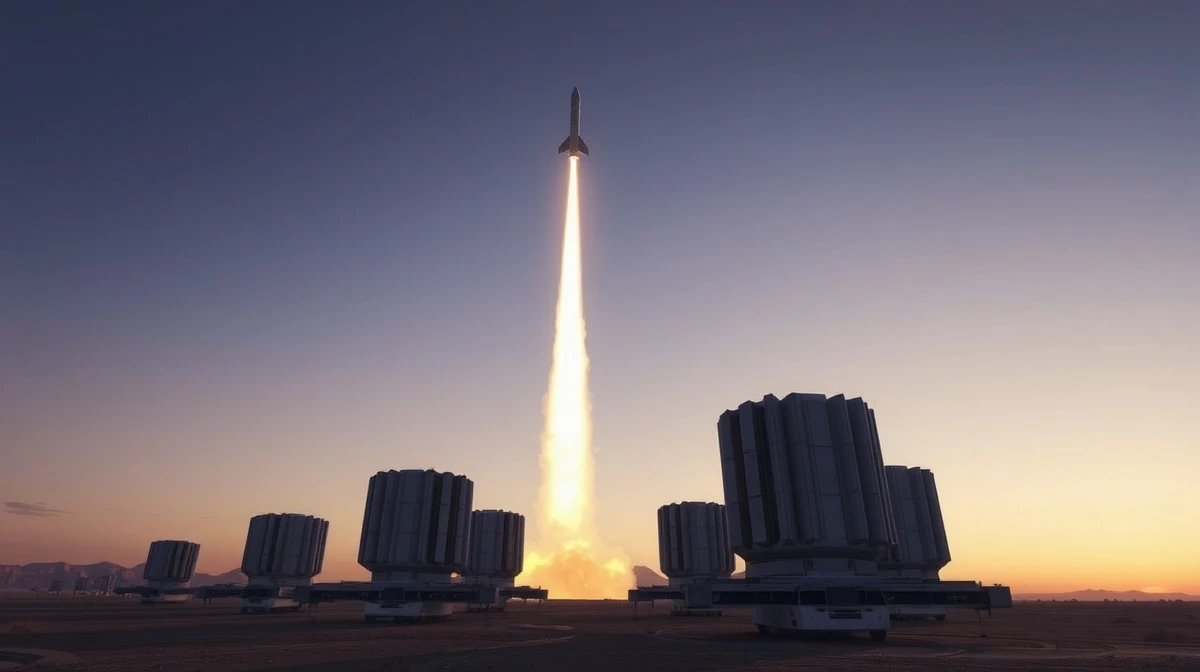 Futuristic missile defense system with interceptor launching at dusk in desert landscape.