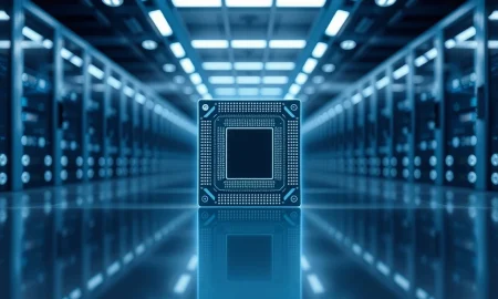 Close-up of a large wafer-scale AI chip in a data center with blurred server racks in the background.