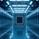 Close-up of a large wafer-scale AI chip in a data center with blurred server racks in the background.