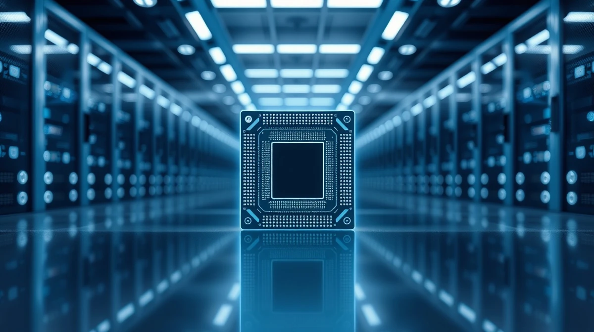 Close-up of a large wafer-scale AI chip in a data center with blurred server racks in the background.