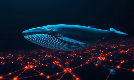 A digital whale swimming through a network of blockchain data streams, symbolizing whale accumulation of Chainlink's LINK token.